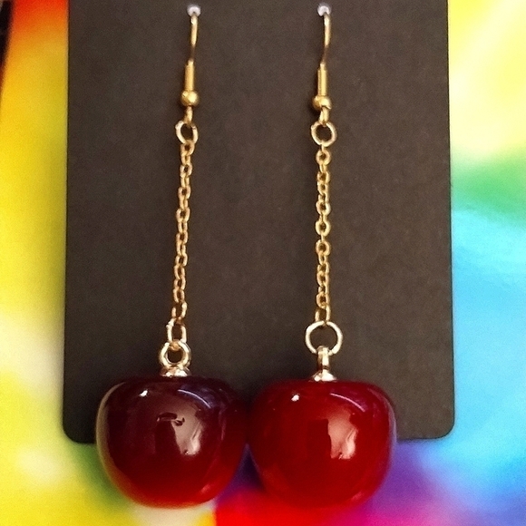 HANDMADE Dangle Chain Red Cherry Earrings - Picture 3 of 8